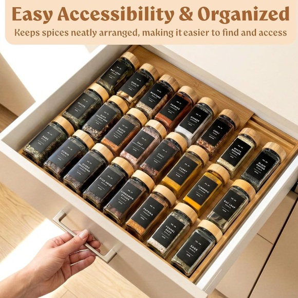 Bamboo Spice Drawer Organizer - Expandable 4 Tier Rack 12" to 24" WideShip Alone - Picture 4 of 8